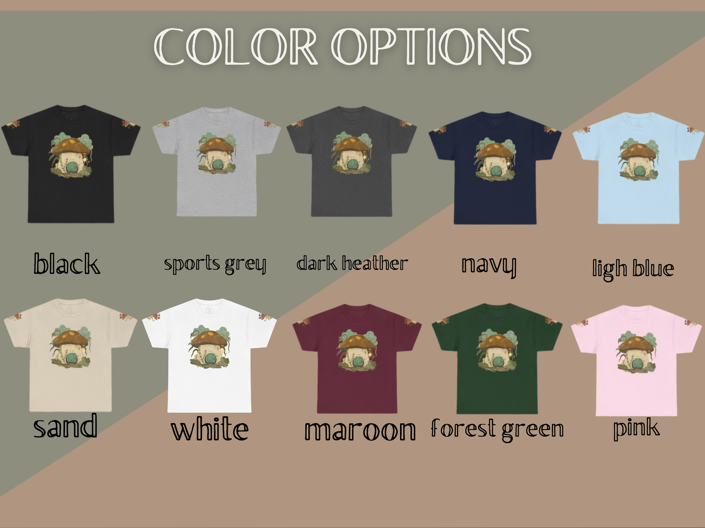 Cottagecore-inspired t-shirt featuring a cute mushroom house on the front and whimsical mushrooms on the sleeves, crafted from 100% cotton for comfort and durability.