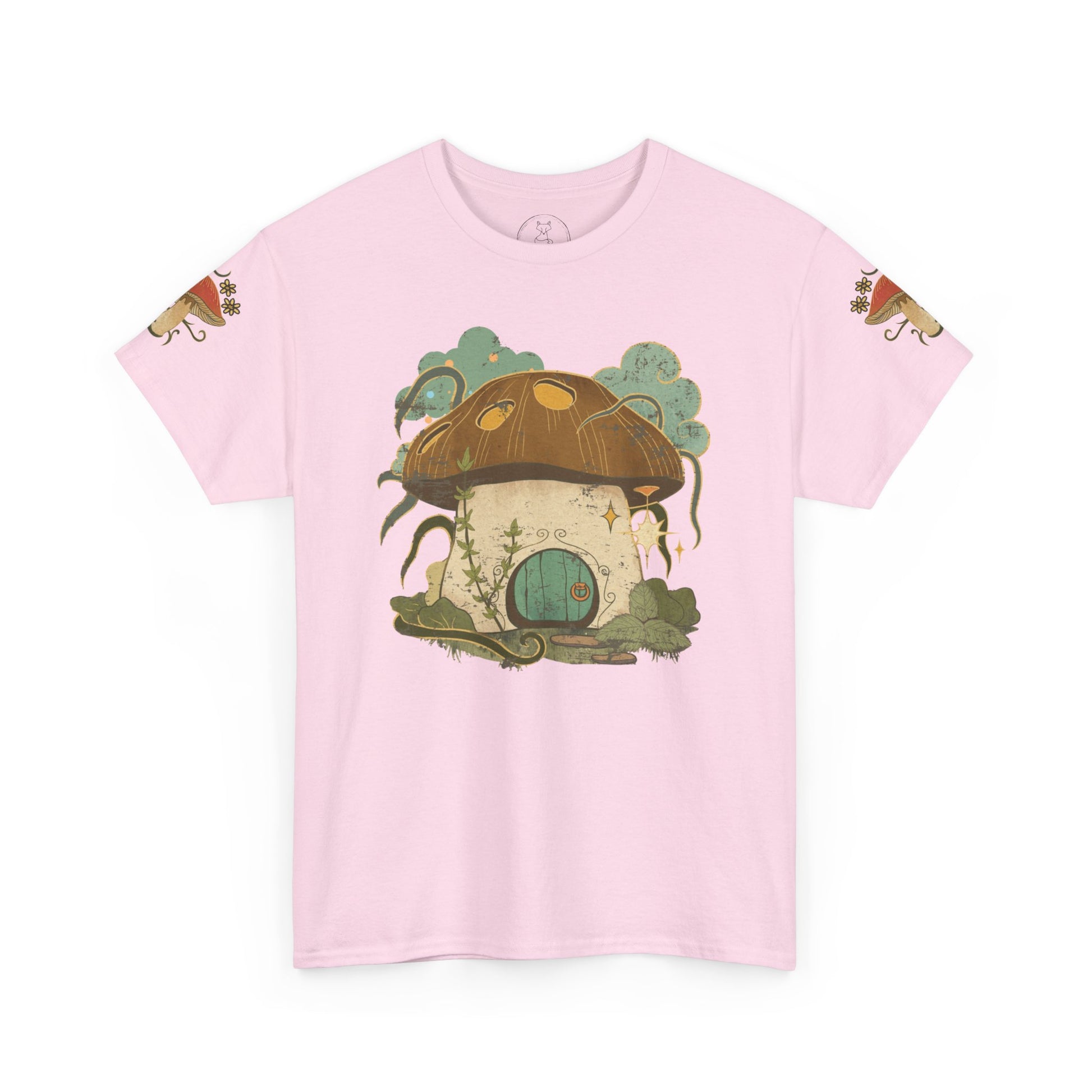 Cottagecore-inspired t-shirt featuring a cute mushroom house on the front and whimsical mushrooms on the sleeves, crafted from 100% cotton for comfort and durability