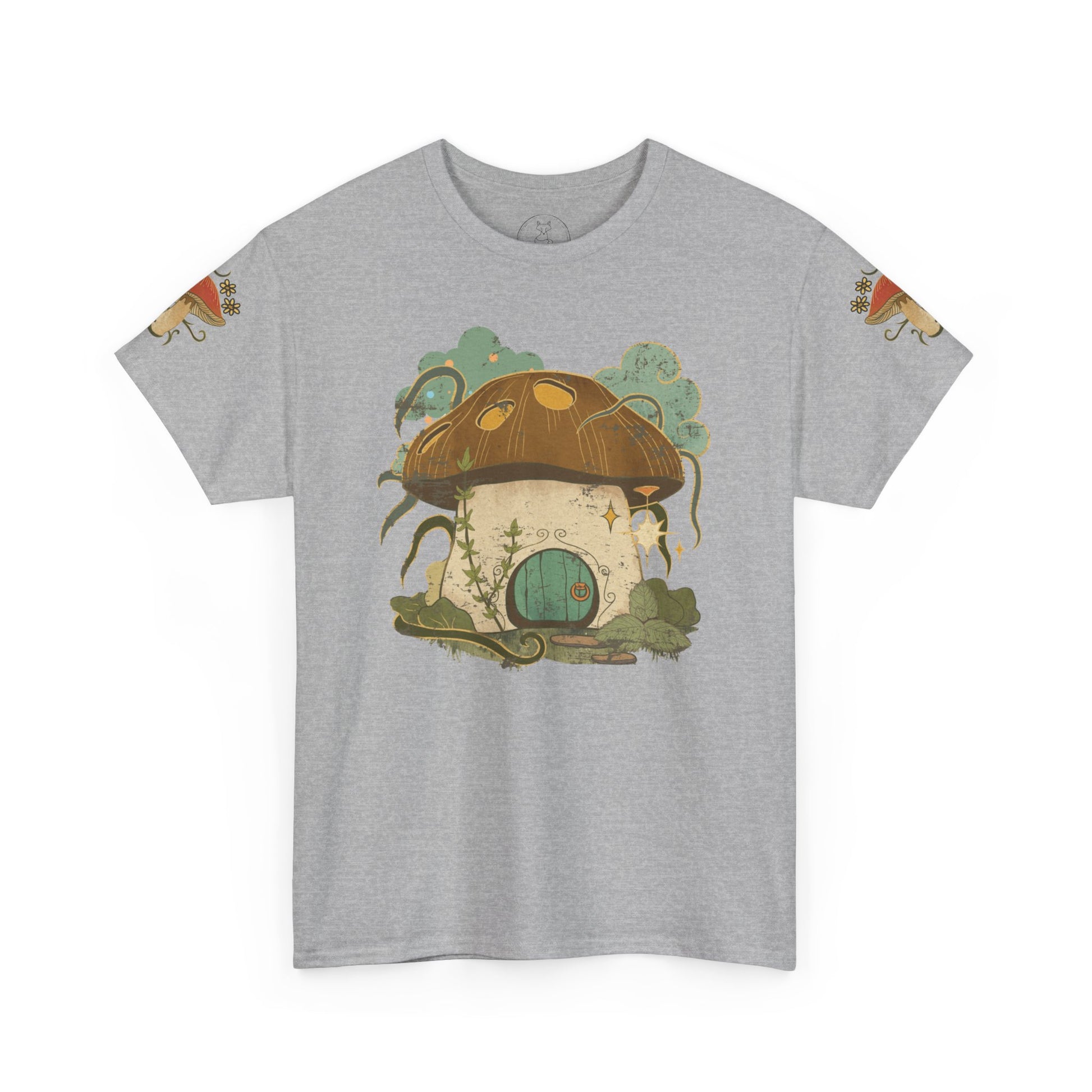 Cottagecore-inspired t-shirt featuring a cute mushroom house on the front and whimsical mushrooms on the sleeves, crafted from 100% cotton for comfort and durability