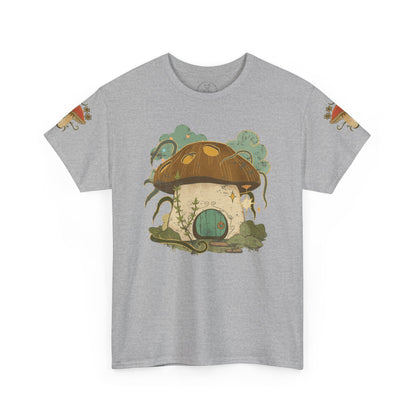 Cottagecore-inspired t-shirt featuring a cute mushroom house on the front and whimsical mushrooms on the sleeves, crafted from 100% cotton for comfort and durability