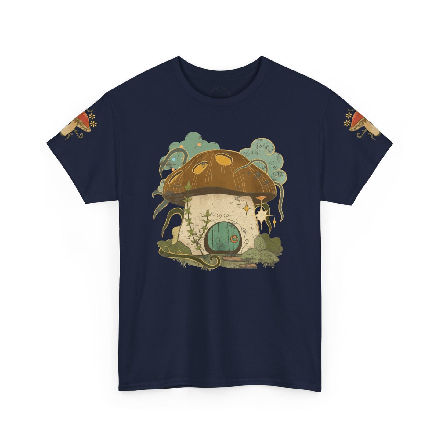 Cottagecore-inspired t-shirt featuring a cute mushroom house on the front and whimsical mushrooms on the sleeves, crafted from 100% cotton for comfort and durability