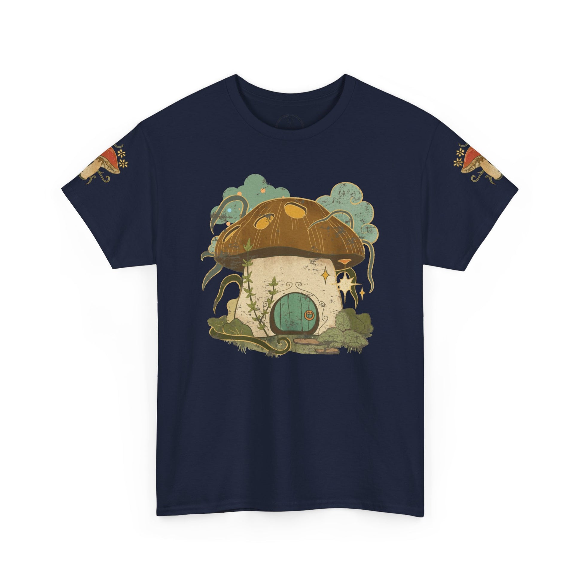 Cottagecore-inspired t-shirt featuring a cute mushroom house on the front and whimsical mushrooms on the sleeves, crafted from 100% cotton for comfort and durability