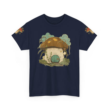 Cottagecore-inspired t-shirt featuring a cute mushroom house on the front and whimsical mushrooms on the sleeves, crafted from 100% cotton for comfort and durability