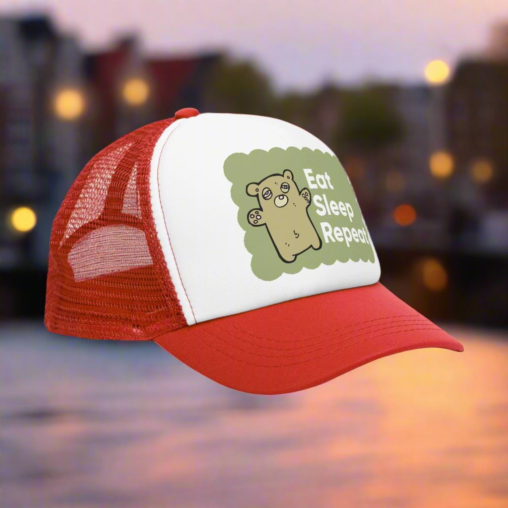 Retro vintage-style trucker hat with the text 'Eat Sleep Repeat' printed on the front. This snapback cap is designed for both men and women, featuring a distressed look and mesh back for a classic, funny style. Ideal as a silly gag gift for adults who enjoy humorous fashion accessories.