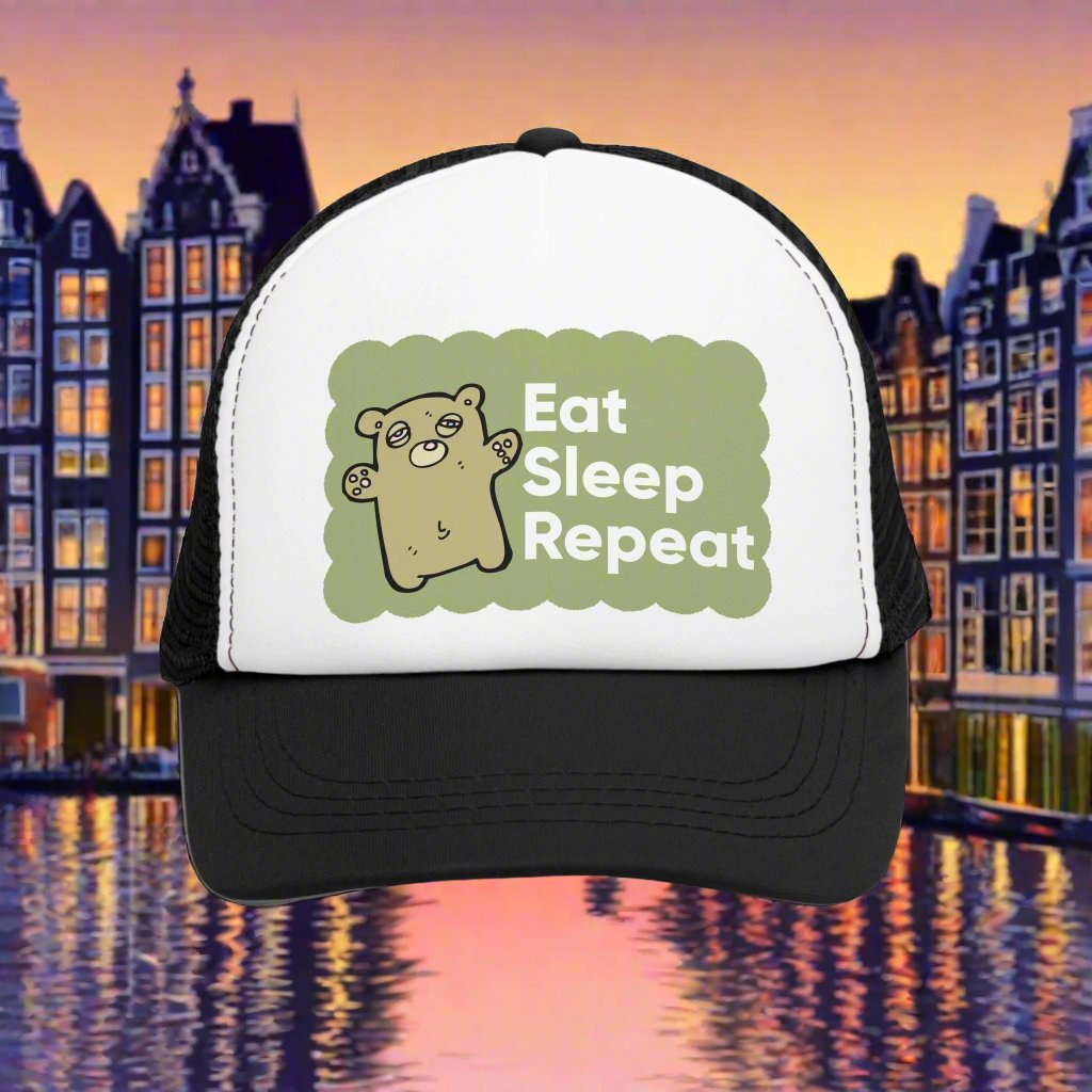 Retro vintage-style trucker hat with the text 'Eat Sleep Repeat' printed on the front. This snapback cap is designed for both men and women, featuring a distressed look and mesh back for a classic, funny style. Ideal as a silly gag gift for adults who enjoy humorous fashion accessories.