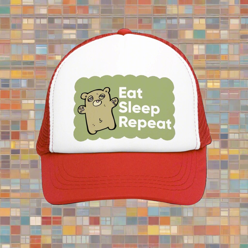 Retro vintage-style trucker hat with the text 'Eat Sleep Repeat' printed on the front. This snapback cap is designed for both men and women, featuring a distressed look and mesh back for a classic, funny style. Ideal as a silly gag gift for adults who enjoy humorous fashion accessories.