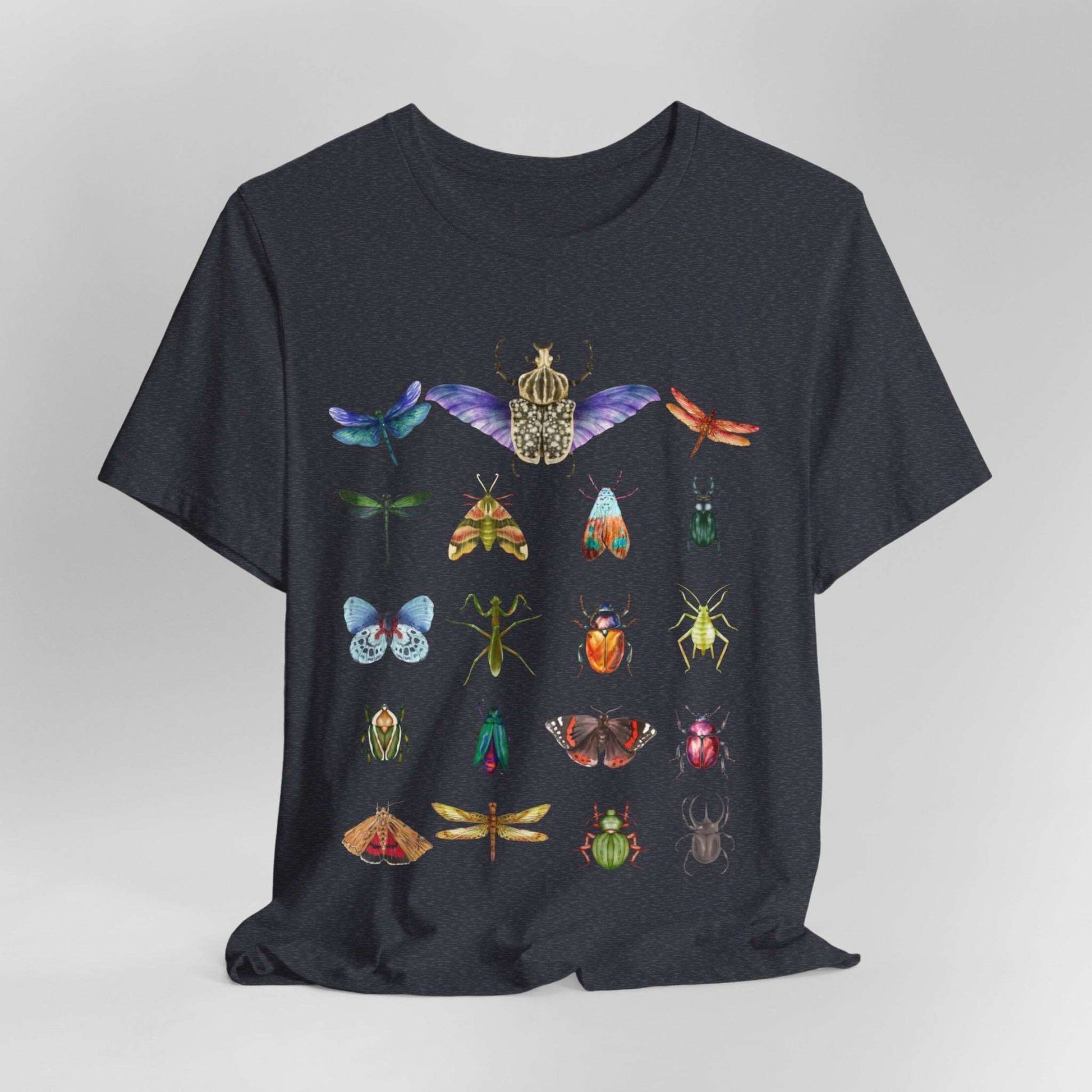 Bugs Entomology Insects T-shirt Cool Watercolour Bug and Beetle Shirt featuring an entomology-inspired insect design, perfect for bug lovers and nature enthusiasts. Made from soft, breathable 100% Airlume cotton, this unisex t-shirt is ideal for hiking, camping, and wildlife watching. Eco-friendly production by Bella+Canvas, with durable ribbed collars and a tear-away label for maximum comfort.