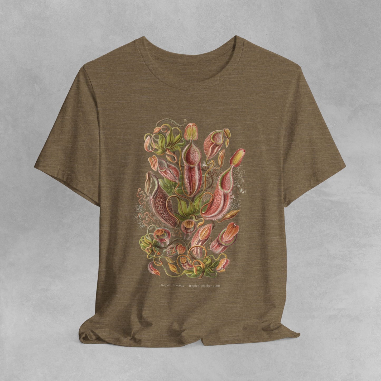Vintage Nepenthes T-Shirt featuring a detailed botanical illustration of carnivorous plants, perfect for plant enthusiasts and lovers of unique, eco-friendly fashion