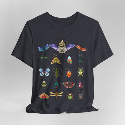 Cool Watercolour Bug and Beetle Shirt featuring a nature-inspired insect design, crafted from soft, breathable 100% Airlume combed cotton. Perfect for outdoor activities like hiking, camping, and wildlife watching, as well as casual wear. Eco-friendly production by Bella+Canvas with durable ribbed collars and tear-away label for ultimate comfort.