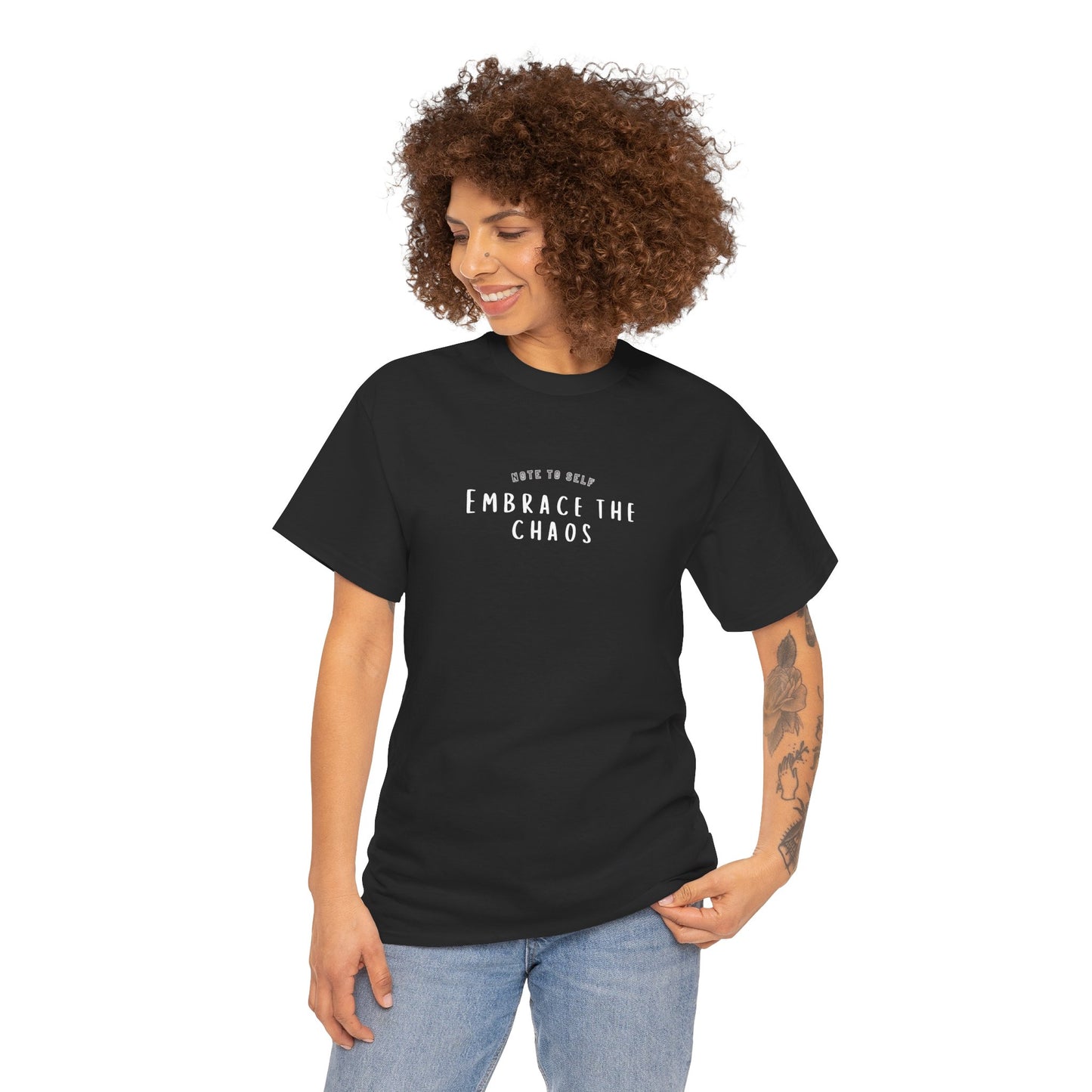 Embrace the Chaos cotton t-shirt featuring a minimalist graphic design, crafted from 100% medium-weight cotton for ultimate comfort and durability. This unisex classic fit humor t-shirt adds a humorous touch to any outfit, making it a great choice for casual wear. Perfect for those who appreciate funny shirts and embrace their weird side, this eco-friendly tee is ethically produced for quality and sustainability.