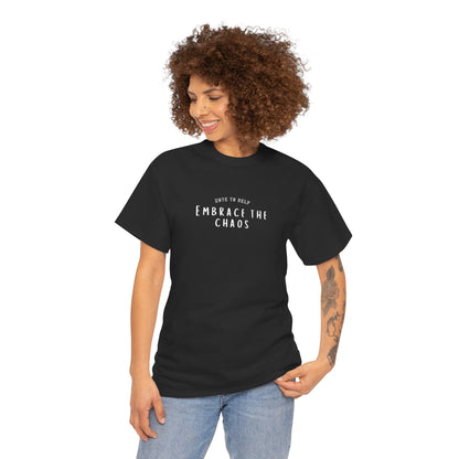 Embrace the Chaos cotton t-shirt featuring a minimalist graphic design, crafted from 100% medium-weight cotton for ultimate comfort and durability. This unisex classic fit humor t-shirt adds a humorous touch to any outfit, making it a great choice for casual wear. Perfect for those who appreciate funny shirts and embrace their weird side, this eco-friendly tee is ethically produced for quality and sustainability.