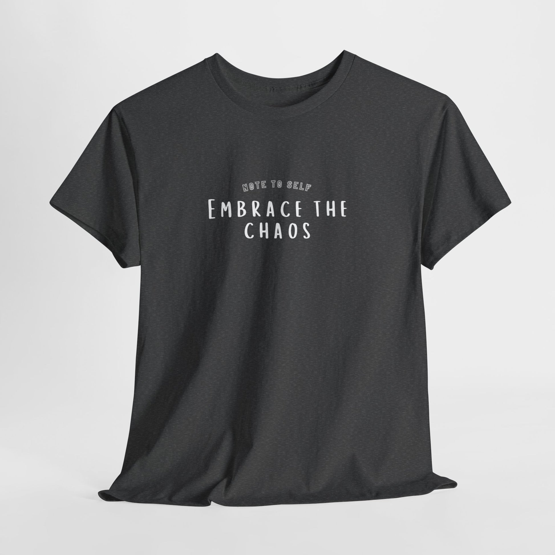 Embrace the Chaos cotton t-shirt featuring a minimalist graphic design, crafted from 100% medium-weight cotton for comfort and durability. This unisex classic fit tee is perfect for casual wear and adds a humorous touch to any outfit. Ethically produced and eco-friendly, this stylish t-shirt is ideal for those who appreciate quality and sustainability