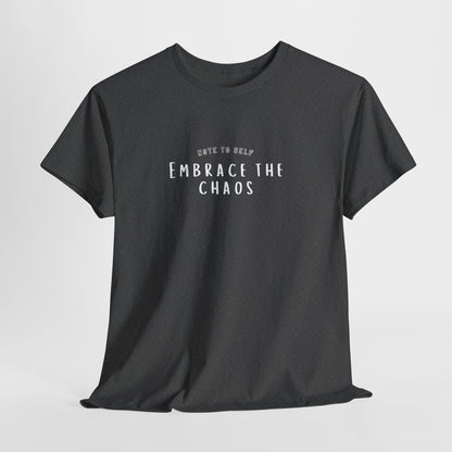 Embrace the Chaos cotton t-shirt featuring a minimalist graphic design, crafted from 100% medium-weight cotton for comfort and durability. This unisex classic fit tee is perfect for casual wear and adds a humorous touch to any outfit. Ethically produced and eco-friendly, this stylish t-shirt is ideal for those who appreciate quality and sustainability
