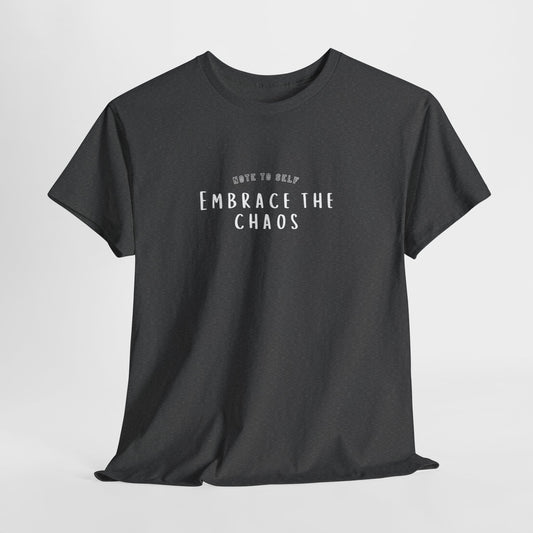 Embrace the Chaos cotton t-shirt featuring a minimalist graphic design, crafted from 100% medium-weight cotton for comfort and durability. This unisex classic fit tee is perfect for casual wear and adds a humorous touch to any outfit. Ethically produced and eco-friendly, this stylish t-shirt is ideal for those who appreciate quality and sustainability