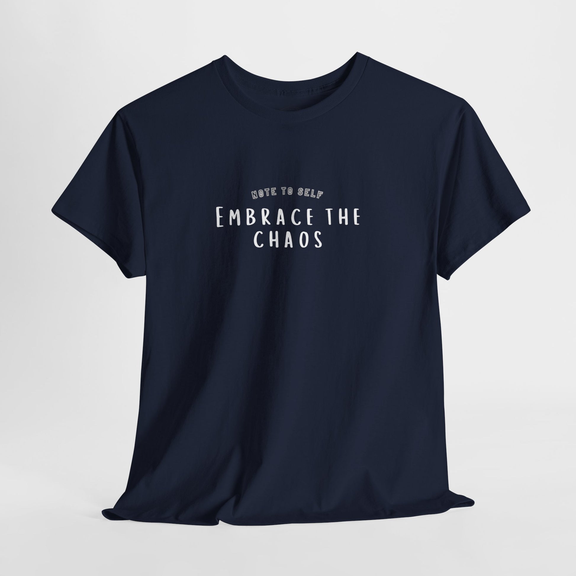 Embrace the Chaos cotton t-shirt featuring a minimalist graphic design, crafted from 100% medium-weight cotton for ultimate comfort and durability. This unisex classic fit humor t-shirt adds a humorous touch to any outfit, making it a great choice for casual wear. Perfect for those who appreciate funny shirts and embrace their weird side, this eco-friendly tee is ethically produced for quality and sustainability