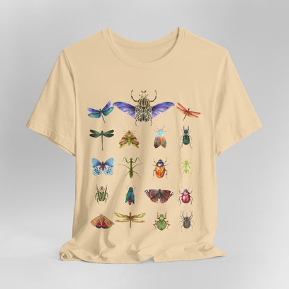 Cool Watercolour Bug and Beetle Shirt featuring an entomology-inspired insect design, perfect for bug lovers and nature enthusiasts. Made from soft, breathable 100% Airlume cotton, this unisex t-shirt is ideal for hiking, camping, and wildlife watching. Eco-friendly production by Bella+Canvas, with durable ribbed collars and a tear-away label for maximum comfort.