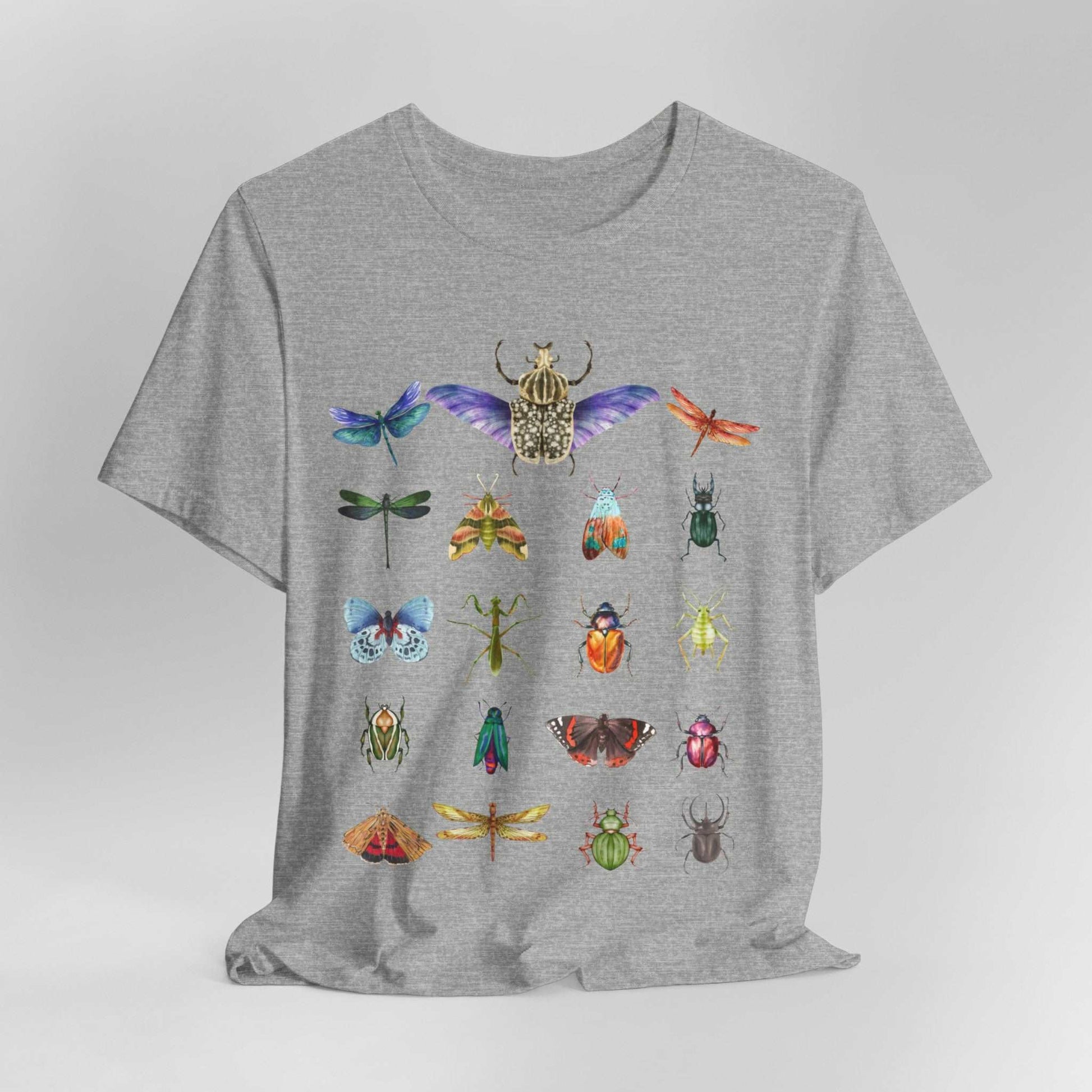Bugs Entomology Insects T-shirt Cool Watercolour Bug and Beetle Shirt featuring an entomology-inspired insect design, perfect for bug lovers and nature enthusiasts. Made from soft, breathable 100% Airlume cotton, this unisex t-shirt is ideal for hiking, camping, and wildlife watching. Eco-friendly production by Bella+Canvas, with durable ribbed collars and a tear-away label for maximum comfort