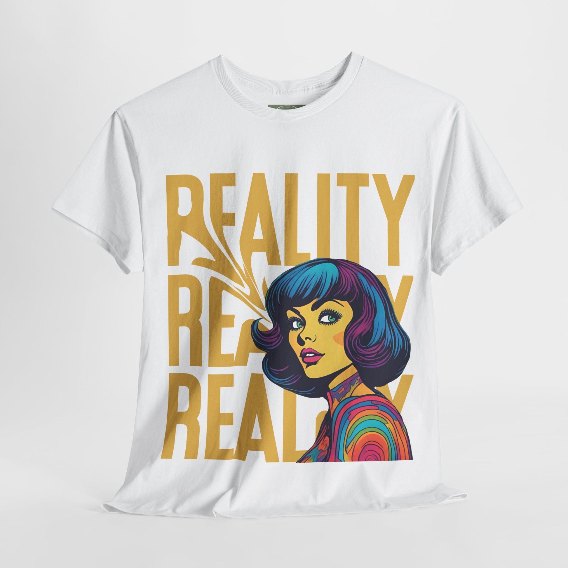 Reality Retro Style Psychedelic T-Shirt featuring a vibrant 60s-inspired design, made from 100% heavy cotton for ultimate comfort. This unisex t-shirt offers a classic fit with no side seams, ensuring a smooth wear without irritation. Perfect for retro fashion lovers, this unique tee combines style and sustainability, ethically produced from US cotton