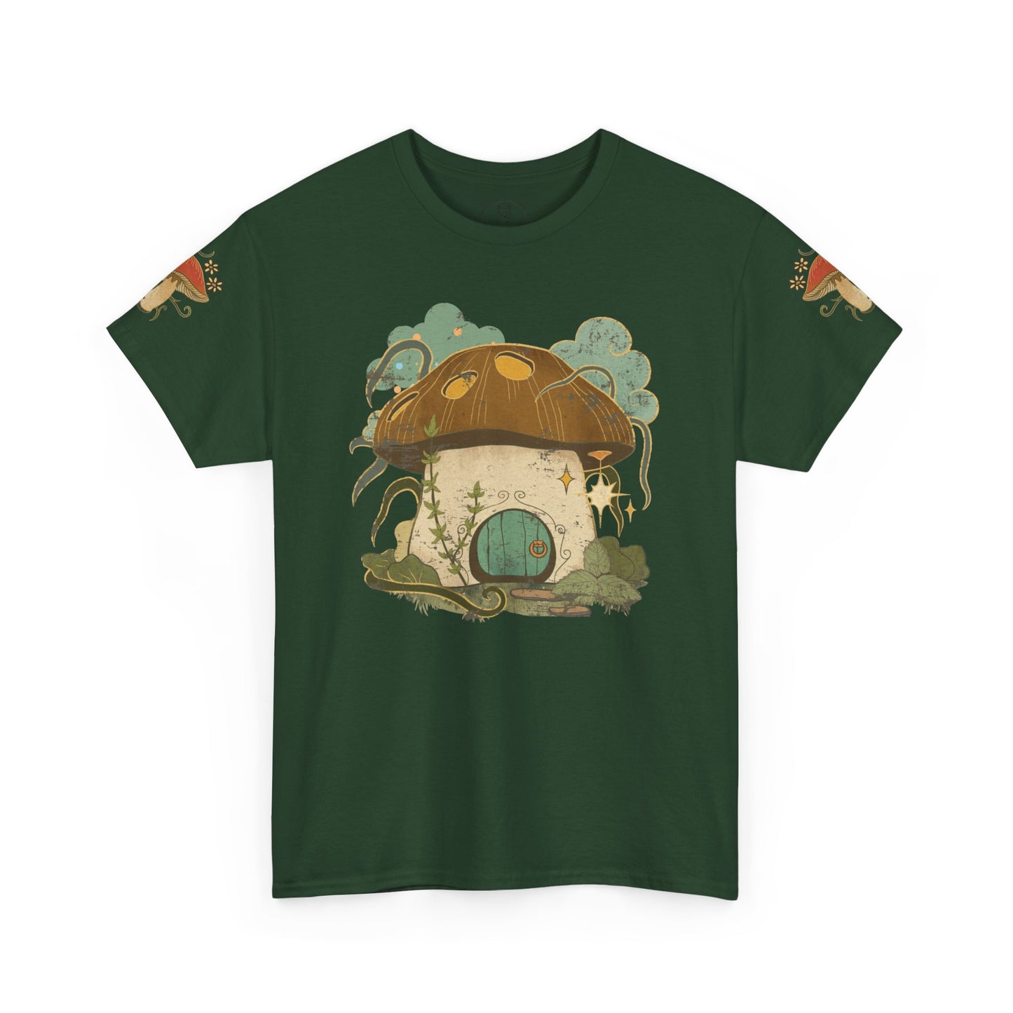 Cottagecore-inspired t-shirt featuring a cute mushroom house on the front and whimsical mushrooms on the sleeves, crafted from 100% cotton for comfort and durability.