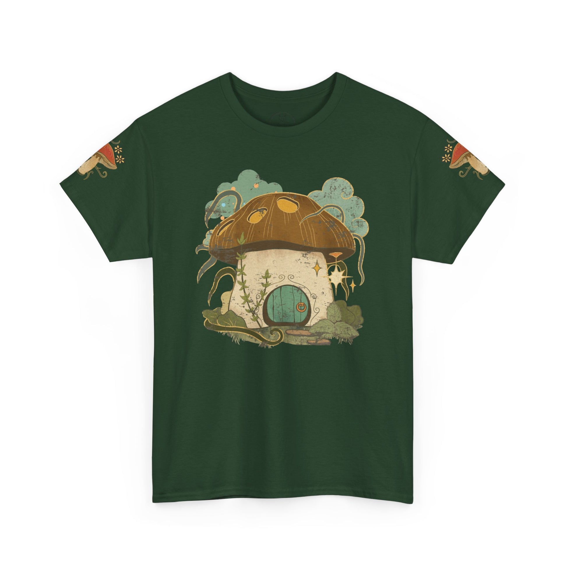 Cottagecore-inspired t-shirt featuring a cute mushroom house on the front and whimsical mushrooms on the sleeves, crafted from 100% cotton for comfort and durability.