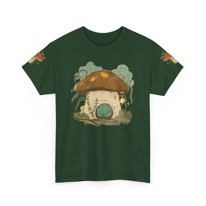 Cottagecore-inspired t-shirt featuring a cute mushroom house on the front and whimsical mushrooms on the sleeves, crafted from 100% cotton for comfort and durability.