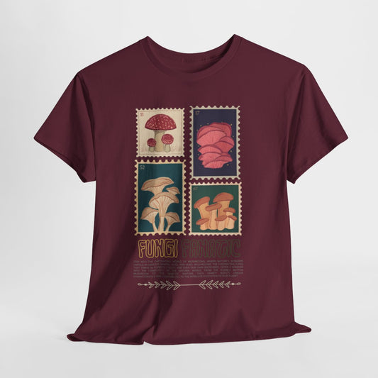 Fungi Fanatic Cotton T-shirt featuring a vibrant mushroom graphic, perfect for nature lovers and mycology enthusiasts, made from soft cotton for all-day comfort and casual wear