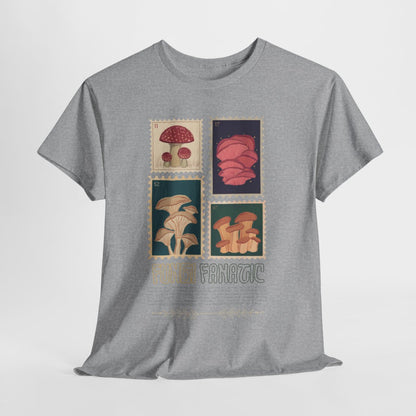 Fungi Fanatic Cotton T-shirt featuring a vibrant mushroom graphic, perfect for nature lovers and mycology enthusiasts, made from soft cotton for all-day comfort and casual wear.