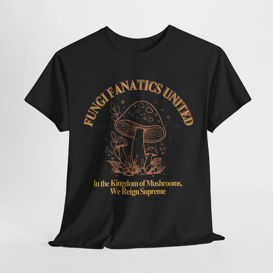 Fungi Fanatics United cotton t-shirt featuring a bold mushroom-themed design, perfect for mushroom lovers and nature enthusiasts. Made from soft, breathable 100% cotton, available in multiple sizes and colors