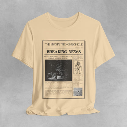 Sasquatch Bigfoot T Shirt - Vintage Style Newspaper Design American Cryptid Graphic Tee for Men Women Unique Mythical Creature, Weird shirt