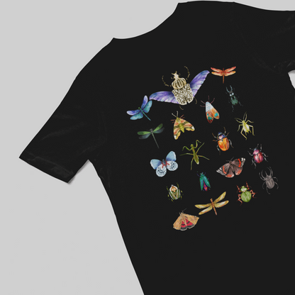 Bugs Entomology Insects T-shirt Cool Watercolour Bug and Beetle Shirt featuring a nature-inspired insect design, crafted from soft, breathable 100% Airlume combed cotton. Perfect for outdoor activities like hiking, camping, and wildlife watching, as well as casual wear. Eco-friendly production by Bella+Canvas with durable ribbed collars and tear-away label for ultimate comfort
