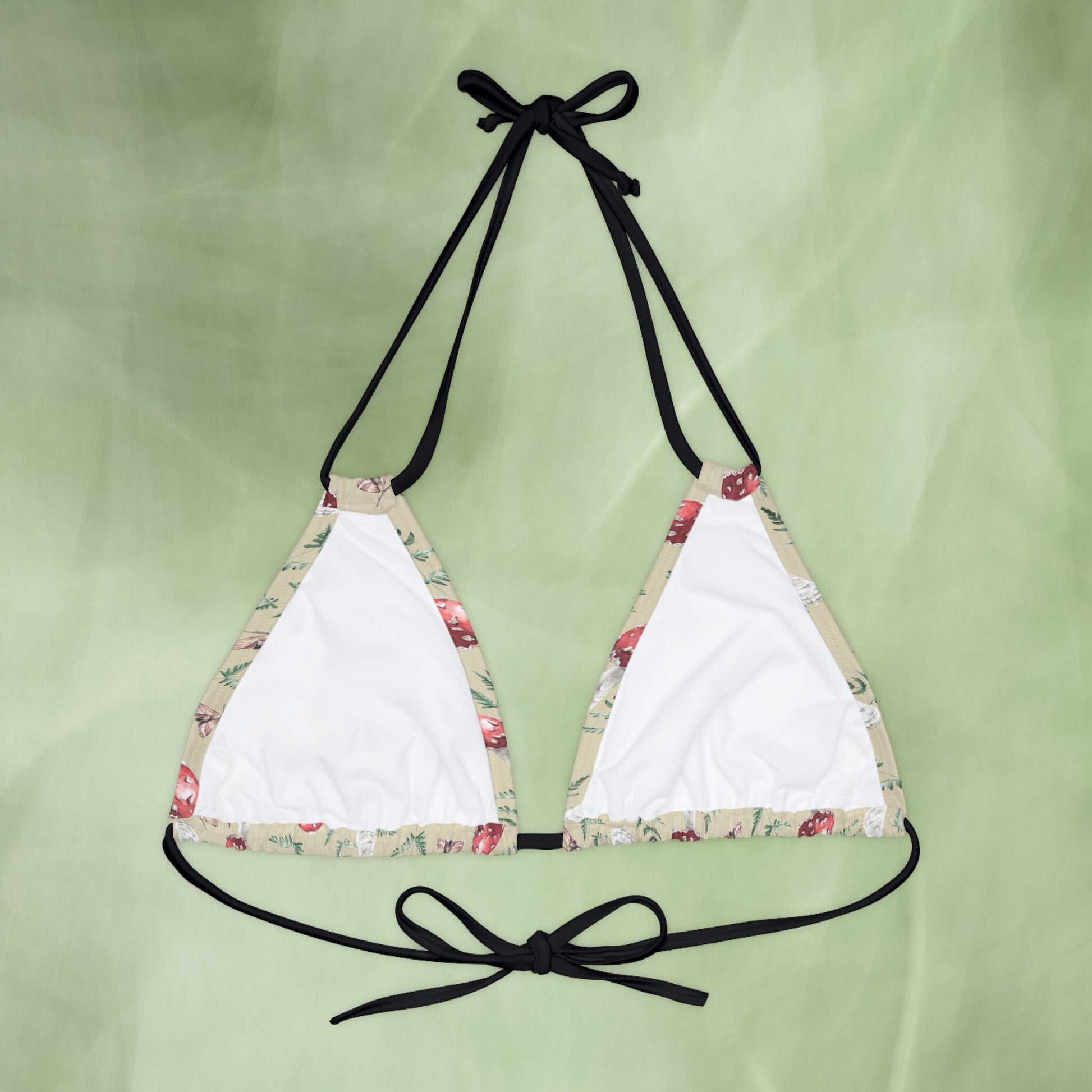 Cottagecore Mushroom Bikini Top with a botanical art design, perfect for a whimsical and nature-inspired look. This witchy, hippie-style bathing suit adds a touch of enchantment to beachwear, making it ideal for nature lovers and those who embrace a cottagecore aesthetic.