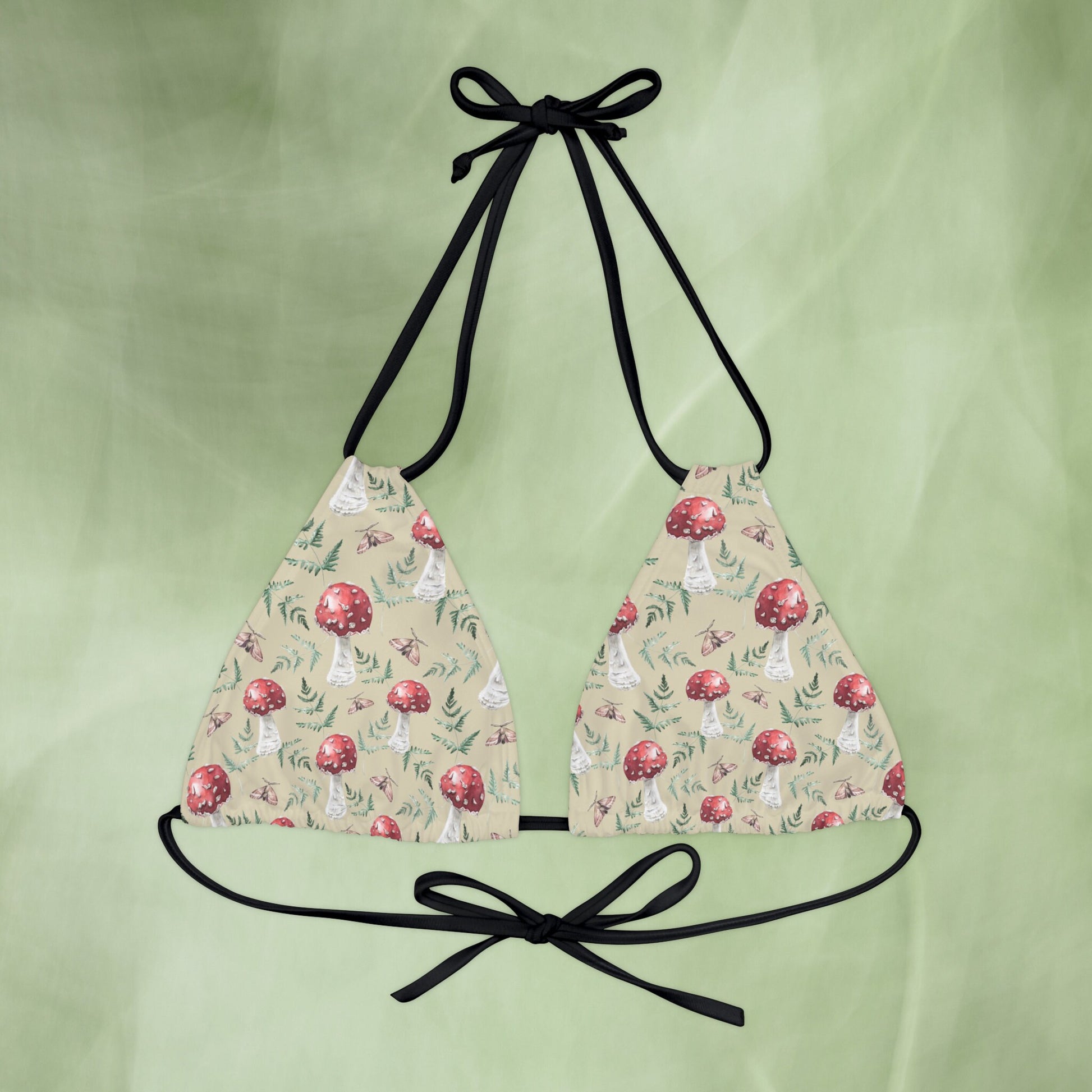 Cottagecore Mushroom Bikini Top with a botanical art design, perfect for a whimsical and nature-inspired look. This witchy, hippie-style bathing suit adds a touch of enchantment to beachwear, making it ideal for nature lovers and those who embrace a cottagecore aesthetic.