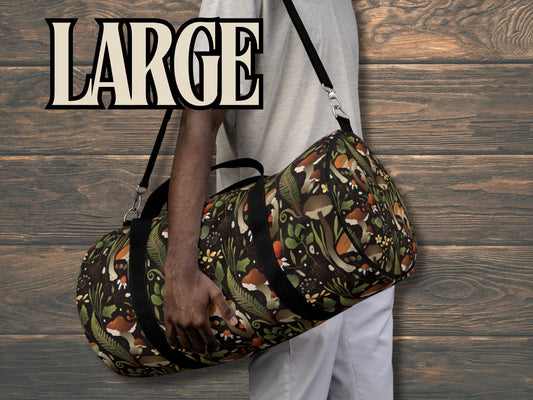 Maximalist Mushroom Cottagecore Duffel Bag, perfect for nature lovers and forestcore enthusiasts. This large weekender travel bag features a charming mushroom design and comes with a comfortable shoulder strap. Ideal for weekend getaways, adventures, or everyday use, it’s the perfect accessory for those who embrace a whimsical, nature-inspired style.