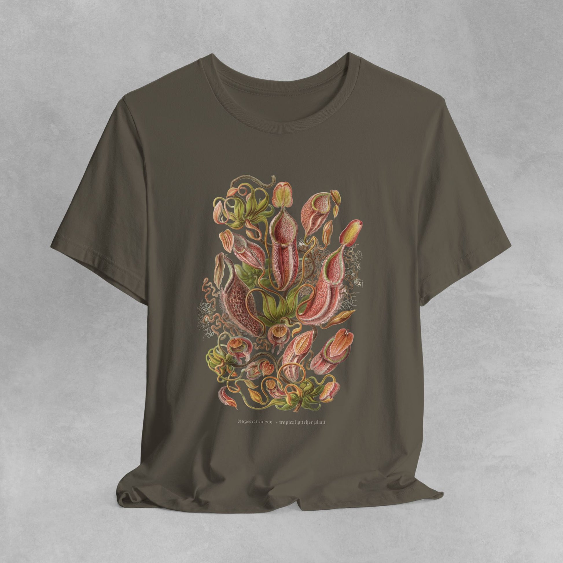 Vintage Nepenthes T-Shirt featuring a detailed botanical illustration of carnivorous plants, perfect for plant enthusiasts and lovers of unique, eco-friendly fashion