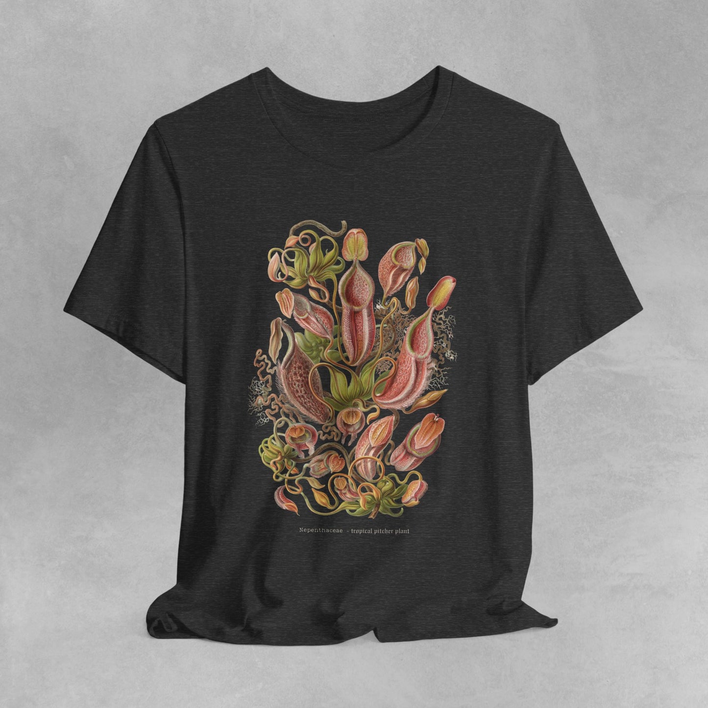 Vintage Nepenthes T-Shirt featuring a detailed botanical illustration of carnivorous plants, perfect for plant enthusiasts and lovers of unique, eco-friendly fashion