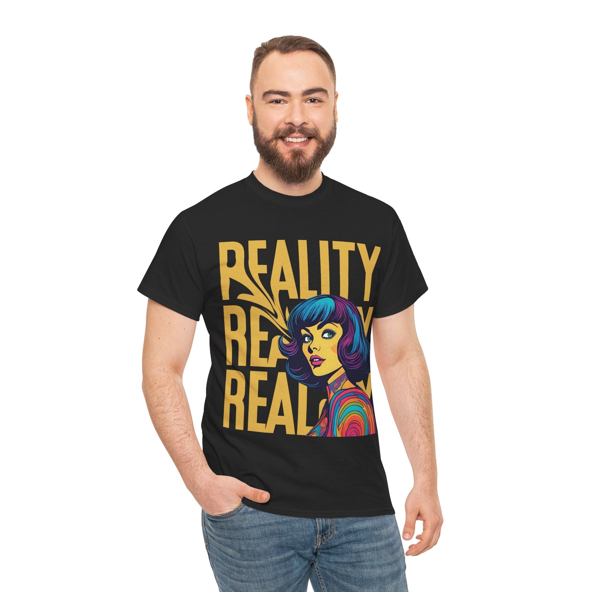 Reality Retro Style Psychedelic T-Shirt featuring a vibrant 60s-inspired design, made from 100% heavy cotton for ultimate comfort. This unisex t-shirt offers a classic fit with no side seams, ensuring a smooth wear without irritation. Perfect for retro fashion lovers, this unique tee combines style and sustainability, ethically produced from US cotton