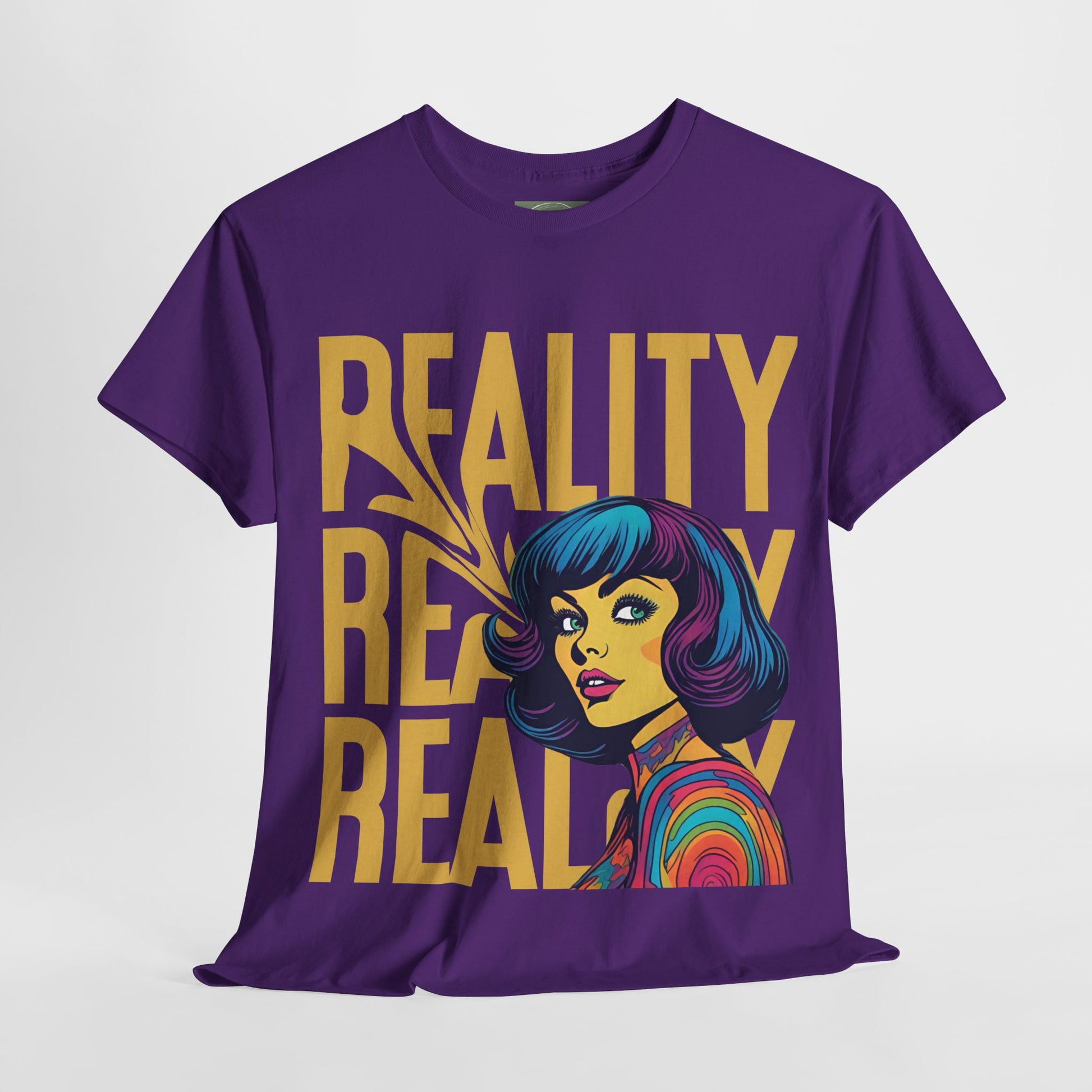 Reality Retro Style Psychedelic T-Shirt featuring a vibrant 60s-inspired design, made from 100% heavy cotton for ultimate comfort. This unisex t-shirt offers a classic fit with no side seams, ensuring a smooth wear without irritation. Perfect for retro fashion lovers, this unique tee combines style and sustainability, ethically produced from US cotton