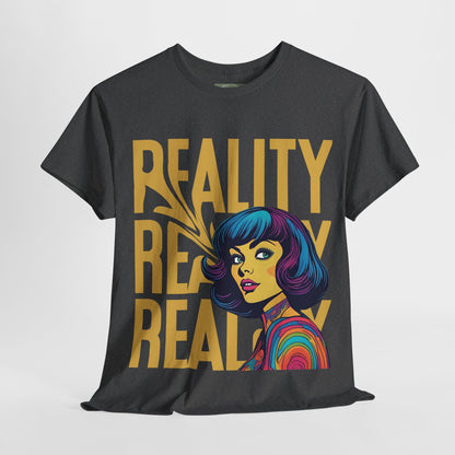 Reality Retro Style Psychedelic T-Shirt featuring a vibrant 60s-inspired design, made from 100% heavy cotton for ultimate comfort. This unisex t-shirt offers a classic fit with no side seams, ensuring a smooth wear without irritation. Perfect for retro fashion lovers, this unique tee combines style and sustainability, ethically produced from US cotton