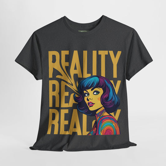 Reality Retro Style Psychedelic T-Shirt featuring a vibrant 60s-inspired design, made from 100% heavy cotton for ultimate comfort. This unisex t-shirt offers a classic fit with no side seams, ensuring a smooth wear without irritation. Perfect for retro fashion lovers, this unique tee combines style and sustainability, ethically produced from US cotton