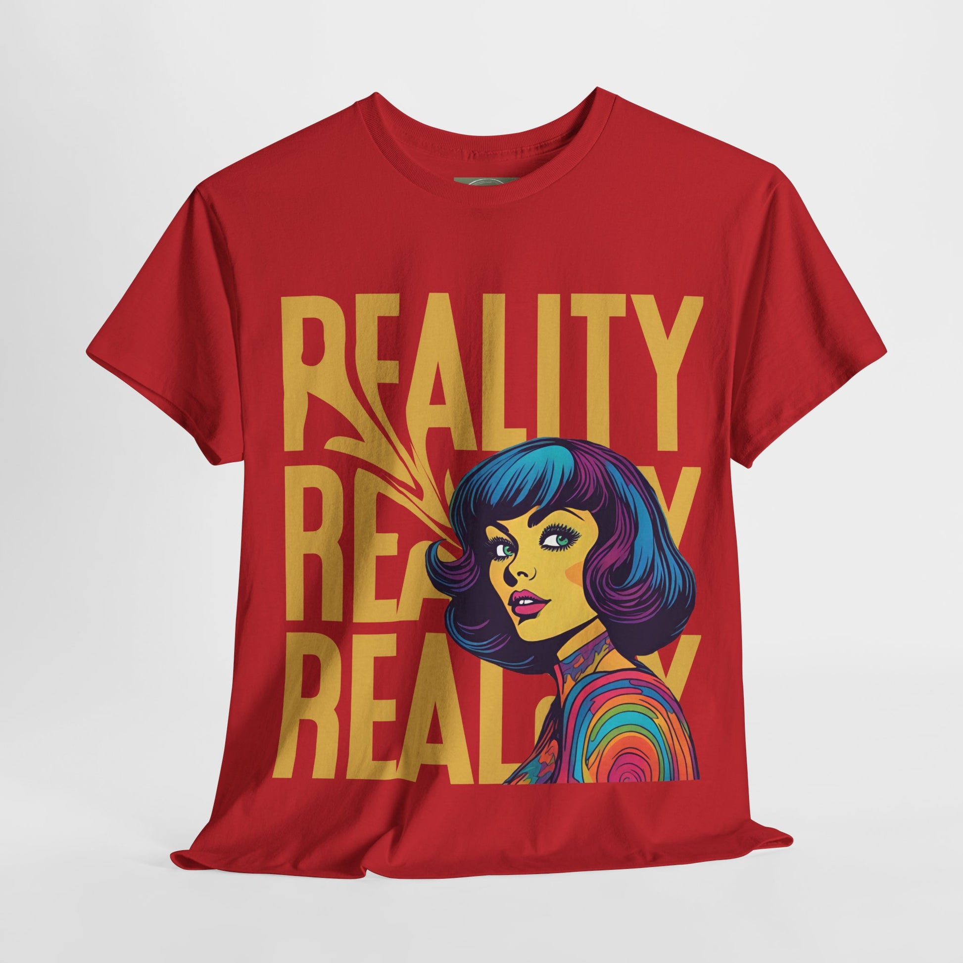 Reality Retro Style Psychedelic T-Shirt featuring a vibrant 60s-inspired design, made from 100% heavy cotton for ultimate comfort. This unisex t-shirt offers a classic fit with no side seams, ensuring a smooth wear without irritation. Perfect for retro fashion lovers, this unique tee combines style and sustainability, ethically produced from US cotton
