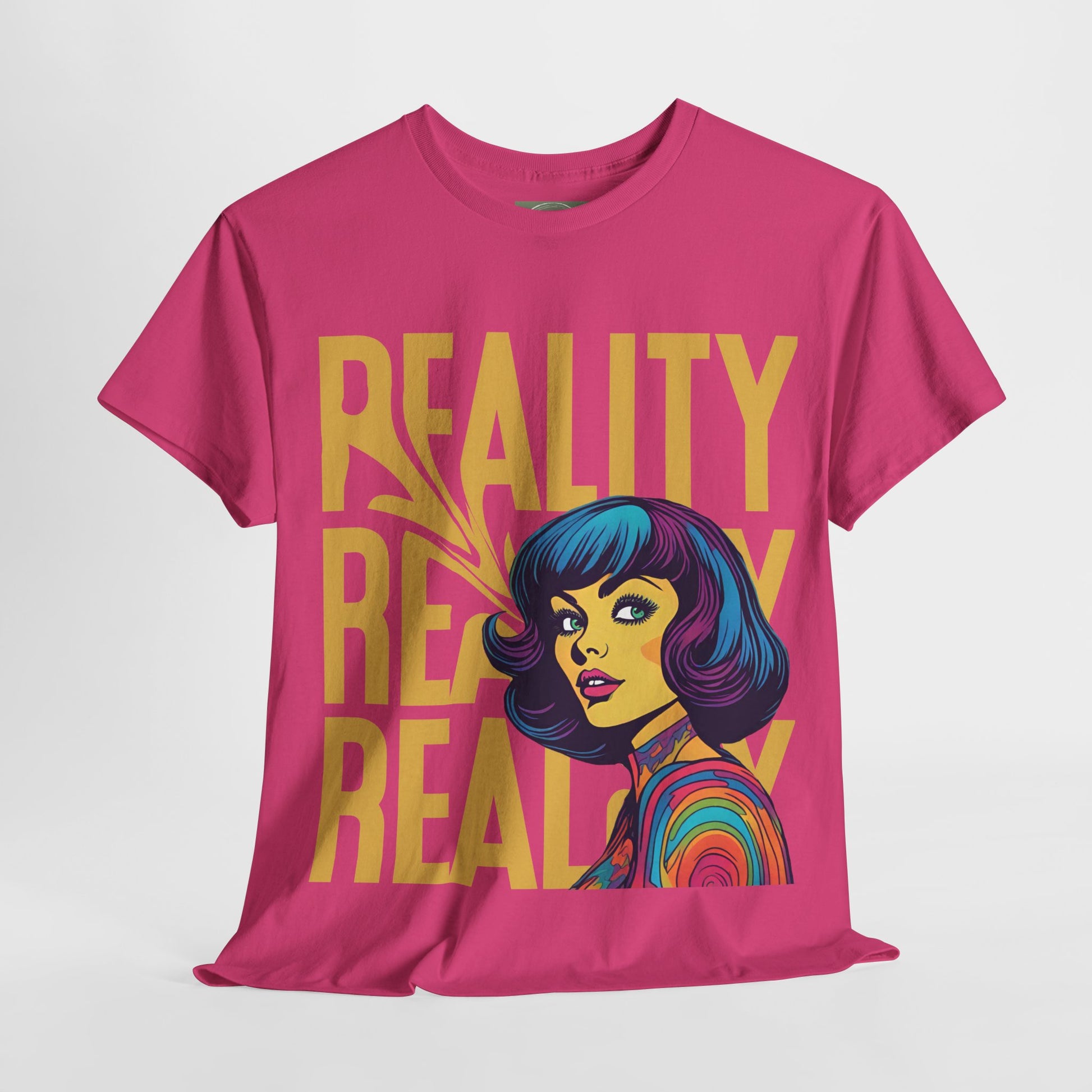 Reality Retro Style Psychedelic T-Shirt featuring a vibrant 60s-inspired design, made from 100% heavy cotton for ultimate comfort. This unisex t-shirt offers a classic fit with no side seams, ensuring a smooth wear without irritation. Perfect for retro fashion lovers, this unique tee combines style and sustainability, ethically produced from US cotton