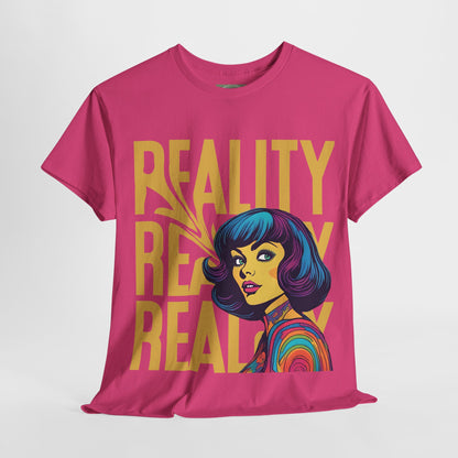 Reality Retro Style Psychedelic T-Shirt featuring a vibrant 60s-inspired design, made from 100% heavy cotton for ultimate comfort. This unisex t-shirt offers a classic fit with no side seams, ensuring a smooth wear without irritation. Perfect for retro fashion lovers, this unique tee combines style and sustainability, ethically produced from US cotton