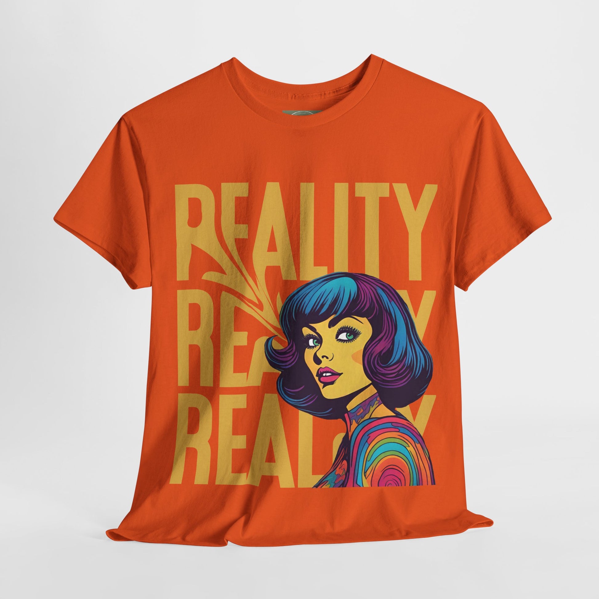 Reality Retro Style Psychedelic T-Shirt featuring a vibrant 60s-inspired design, made from 100% heavy cotton for ultimate comfort. This unisex t-shirt offers a classic fit with no side seams, ensuring a smooth wear without irritation. Perfect for retro fashion lovers, this unique tee combines style and sustainability, ethically produced from US cotton