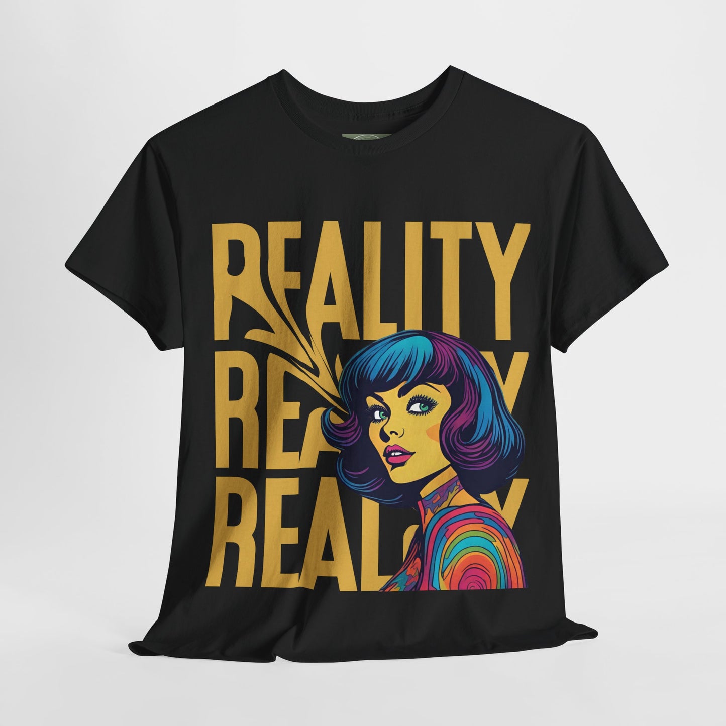 Reality Retro Style Psychedelic T-Shirt featuring a vibrant 60s-inspired design, made from 100% heavy cotton for ultimate comfort. This unisex t-shirt offers a classic fit with no side seams, ensuring a smooth wear without irritation. Perfect for retro fashion lovers, this unique tee combines style and sustainability, ethically produced from US cotton