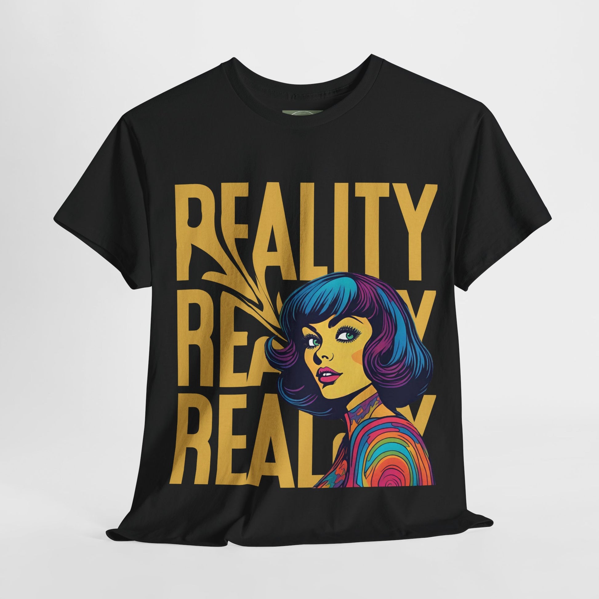 Reality Retro Style Psychedelic T-Shirt featuring a vibrant 60s-inspired design, made from 100% heavy cotton for ultimate comfort. This unisex t-shirt offers a classic fit with no side seams, ensuring a smooth wear without irritation. Perfect for retro fashion lovers, this unique tee combines style and sustainability, ethically produced from US cotton
