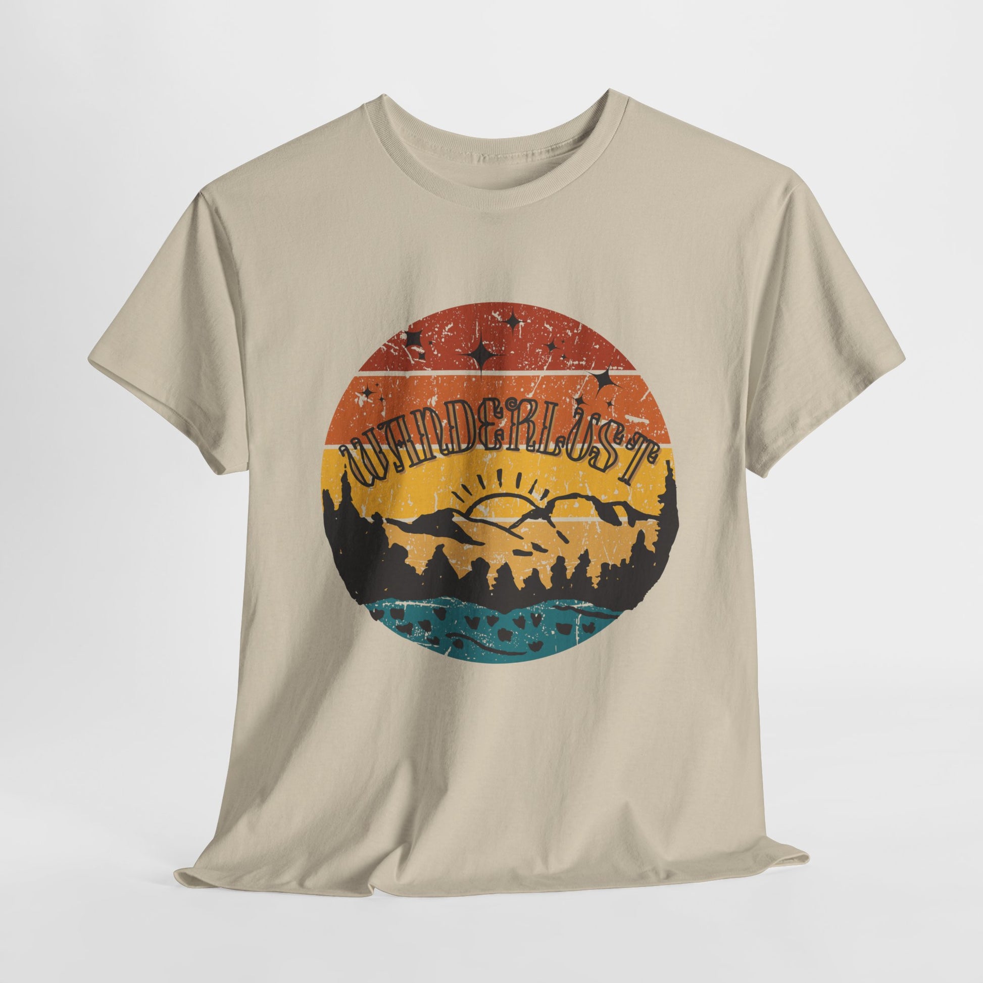 Wanderlust vintage style cotton t-shirt with retro travel design, perfect for travel lovers and adventure seekers. Soft, breathable fabric with a faded print, offering comfort and timeless fashion with hippie vibes. Ideal for casual wear and exploring new destinations