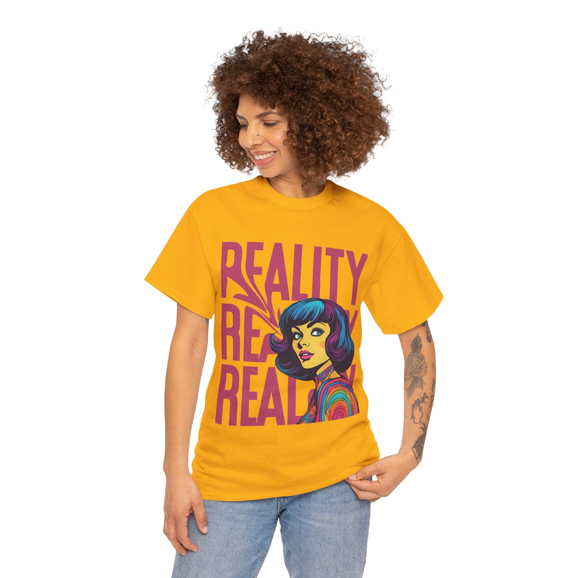 Reality Retro Style Psychedelic T-Shirt featuring a vibrant 60s-inspired design, made from 100% heavy cotton for ultimate comfort. This unisex t-shirt offers a classic fit with no side seams, ensuring a smooth wear without irritation. Perfect for retro fashion lovers, this unique tee combines style and sustainability, ethically produced from US cotton