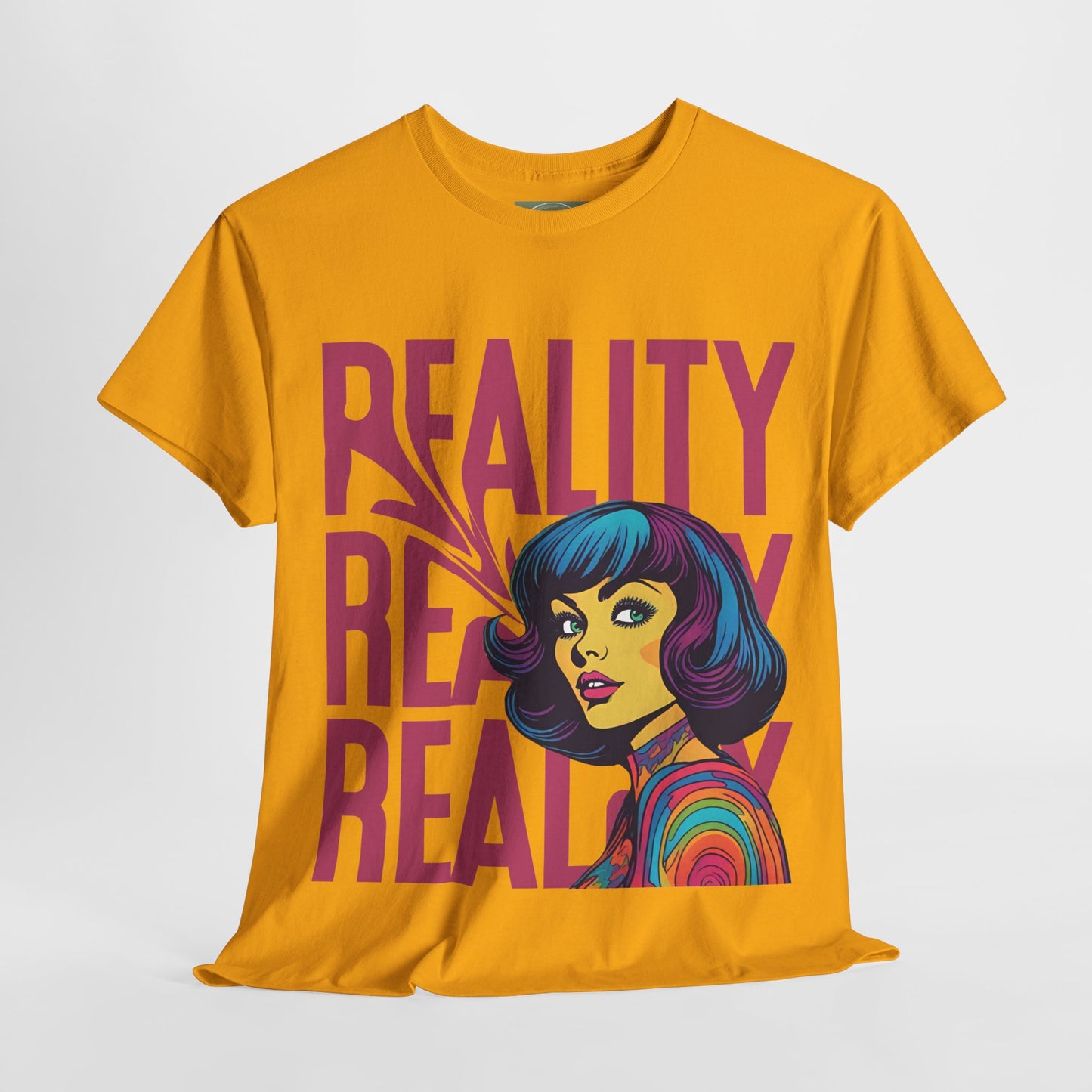 Reality Retro Style Psychedelic T-Shirt featuring a vibrant 60s-inspired design, made from 100% heavy cotton for ultimate comfort. This unisex t-shirt offers a classic fit with no side seams, ensuring a smooth wear without irritation. Perfect for retro fashion lovers, this unique tee combines style and sustainability, ethically produced from US cotton