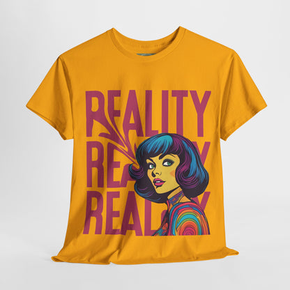 Reality Retro Style Psychedelic T-Shirt featuring a vibrant 60s-inspired design, made from 100% heavy cotton for ultimate comfort. This unisex t-shirt offers a classic fit with no side seams, ensuring a smooth wear without irritation. Perfect for retro fashion lovers, this unique tee combines style and sustainability, ethically produced from US cotton