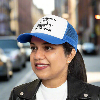 Rockbottom Trucker Cap with a vintage-style snapback design and breathable mesh back. This adjustable retro hat offers a trendy, classic look, perfect for everyday wear. Ideal for men seeking a stylish and comfortable snapback, it adds a touch of vintage flair to any casual outfit.